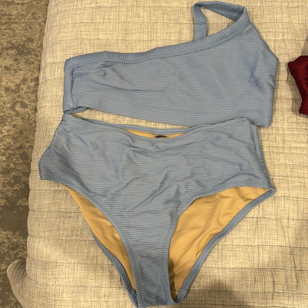 Old navy ribbed light blue one shoulder bikini, high waisted bottoms